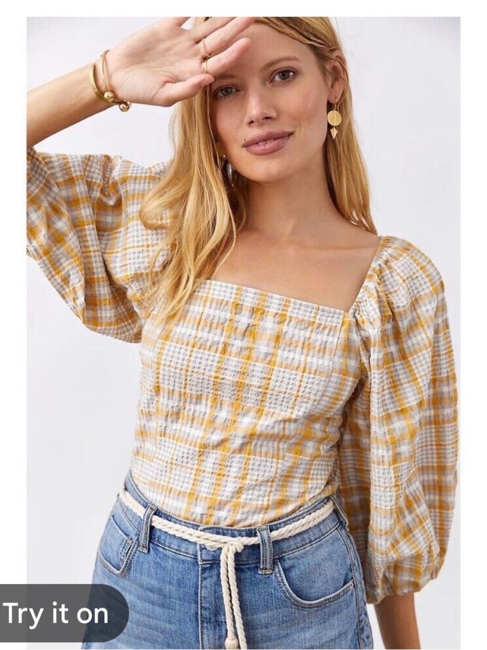 Maeve Plaid Square Neck Puff Sleeve Blouse
